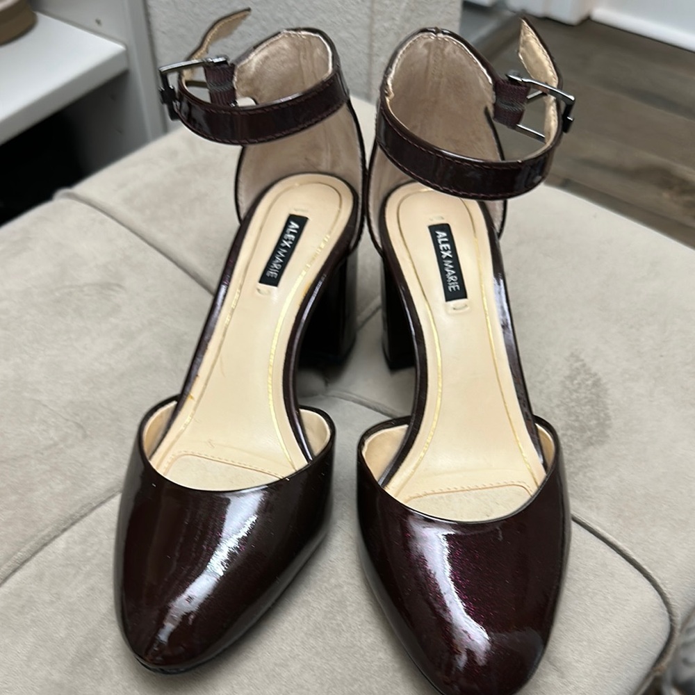 Alex Marie Burgundy Patent Leather Heels with Ankle Strap